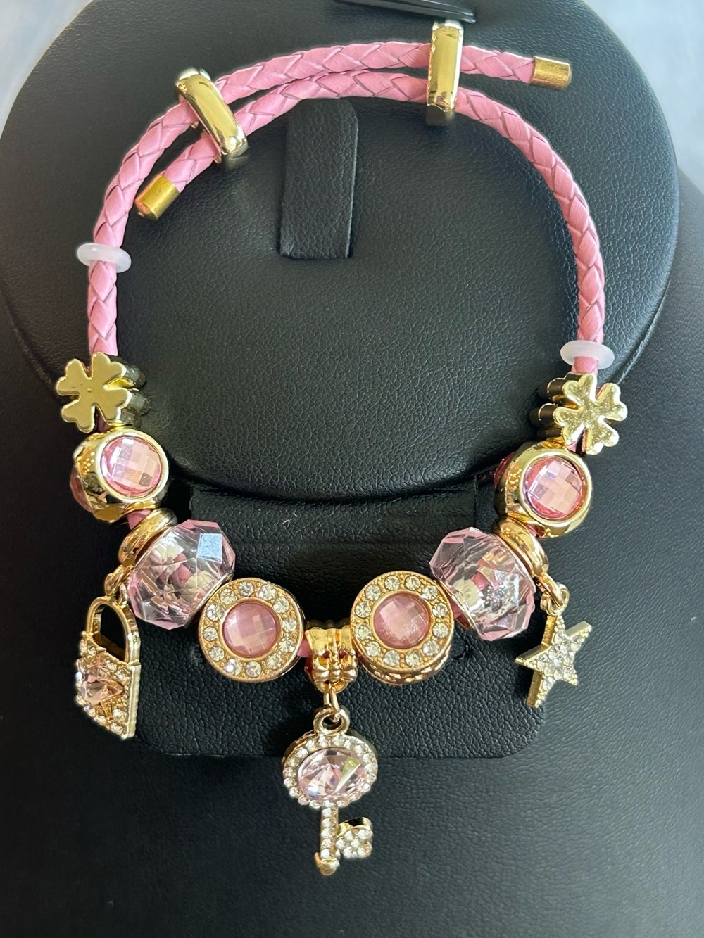 Brand New Pink Crystal Charm Bracelet with Gold Accents